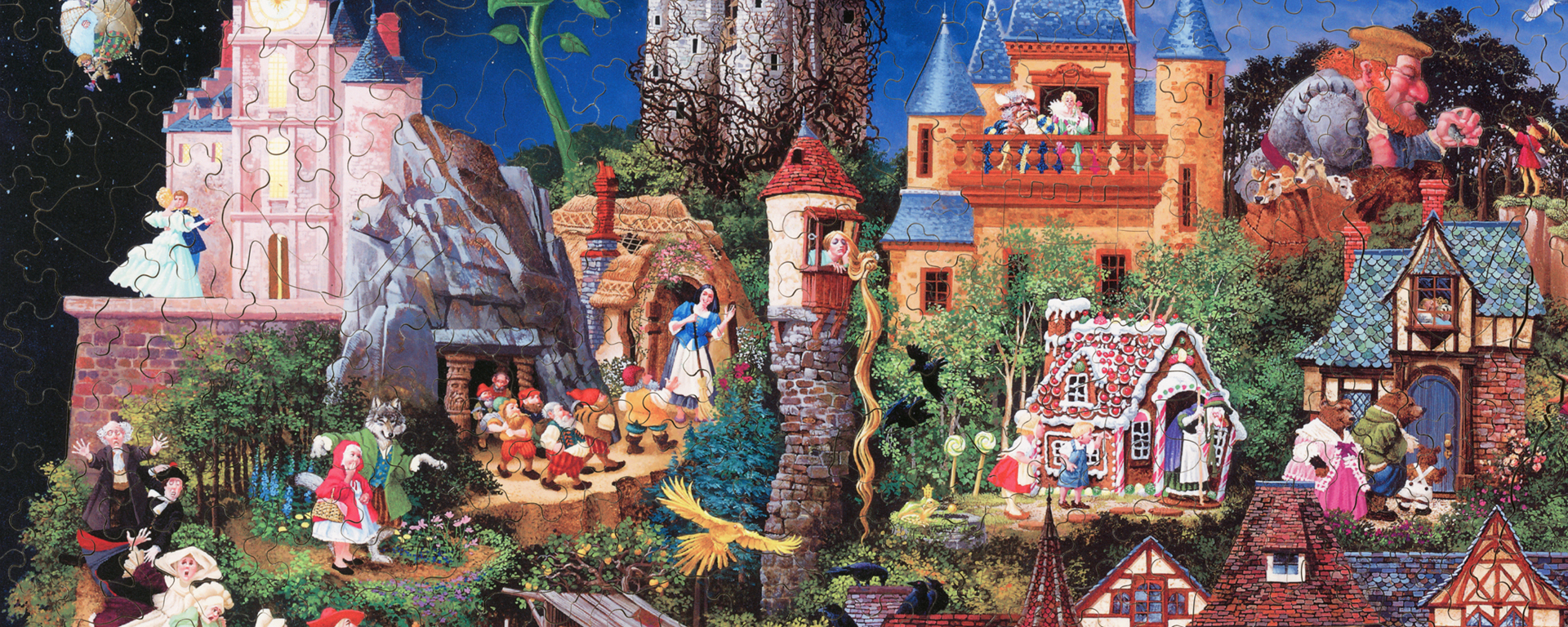 Wooden fairy tales puzzle depicting all of the famous fairy tale stories such as Cinderella, Snow White and the Seven Dwarves, Rapunzel, Hansel and Gretel, Red Riding Hood, and more.
